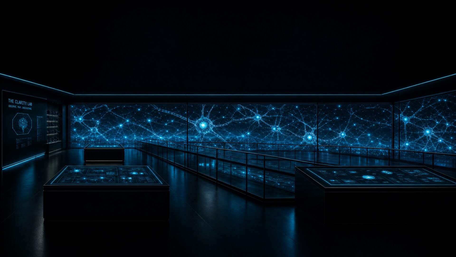 A dark observation walkway overlooking a vast luminous neural network wall