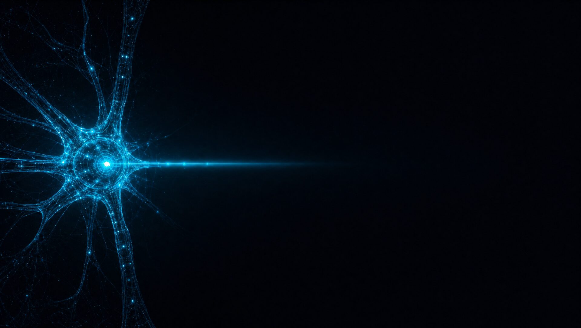 A single cyan synapse node firing one directed signal beam into darkness